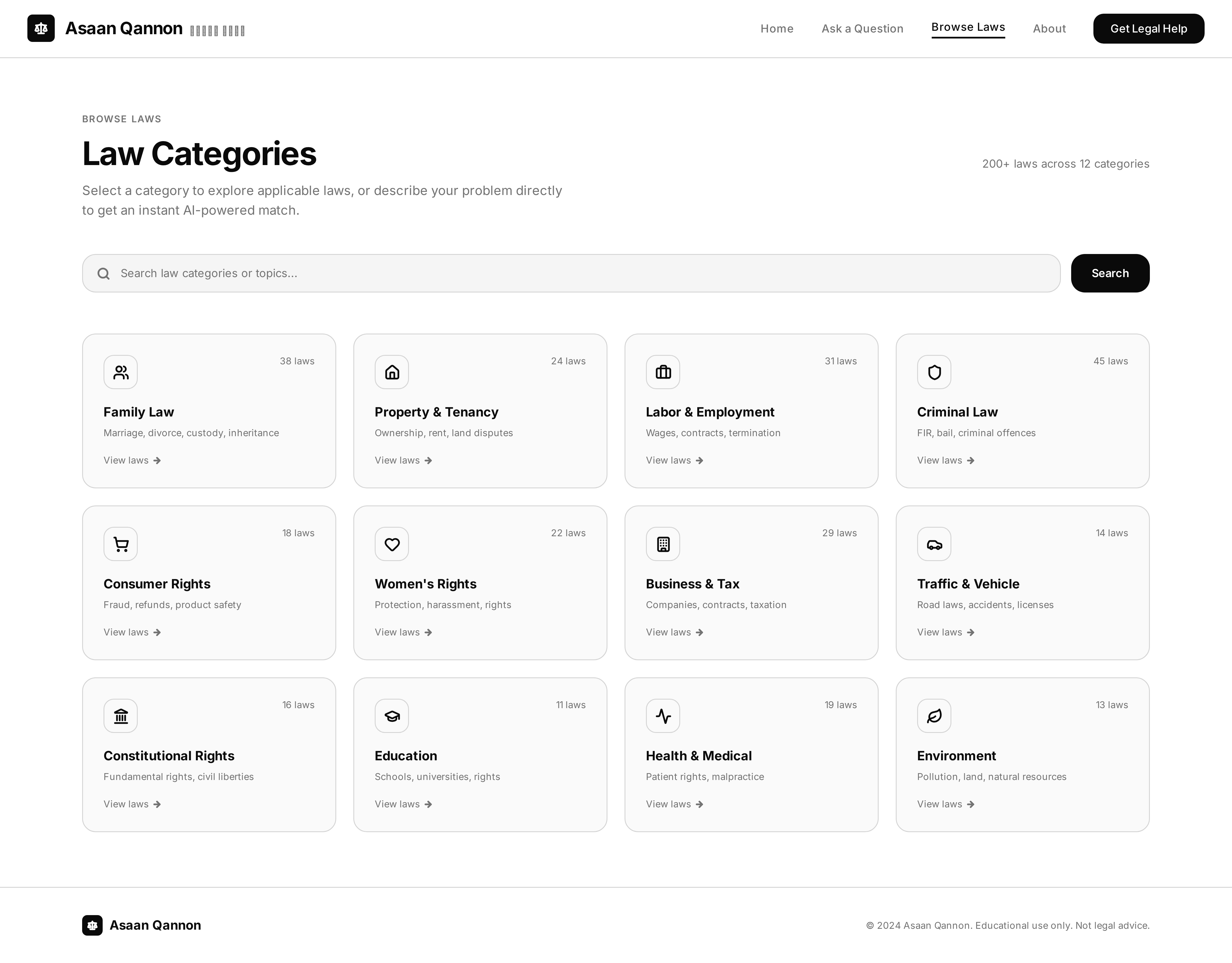 Asaan Qanoon Browse by Category Screen